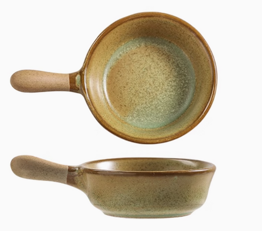 Rin Essense ceramic mini sauce dish with handle in earthy green brown speckled glaze for serving