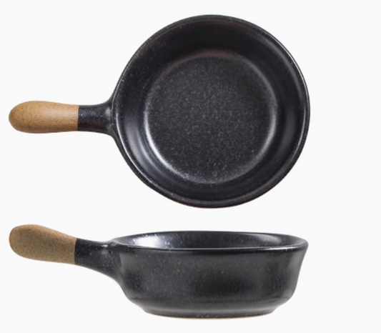 Rin Essense black ceramic mini sauce dish with wooden handle shown top and side views for serving condiments