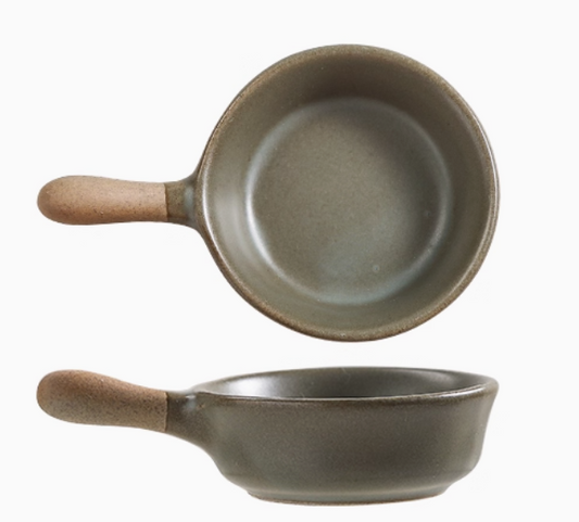 Rin Essense mini sauce dish stoneware olive brown with short handle shown top and side views for dipping