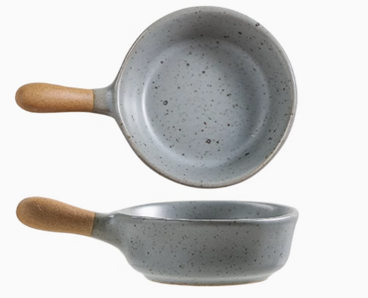 Rin Essense gray speckled ceramic mini sauce dish with wooden handle shown in top and side views