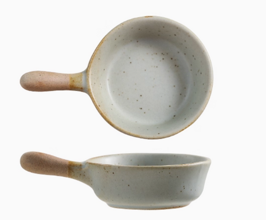 Rin Essense rustic speckled ceramic mini sauce dish with short handle shown top and side views