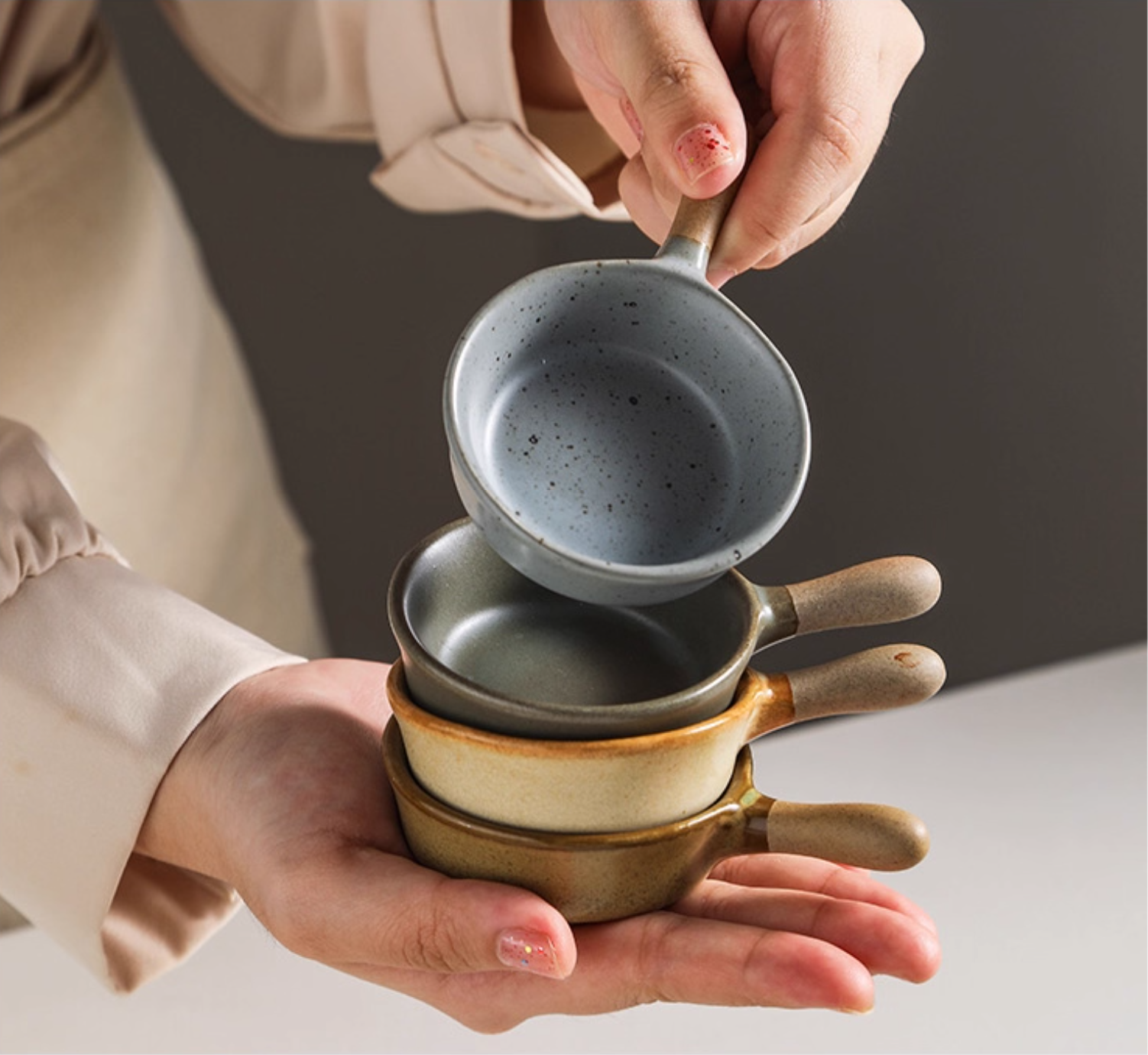 Rin Essense ceramic mini sauce dish set of four with handles in speckled blue gray and brown for condiments