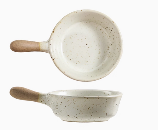 Rin Essense speckled ceramic mini sauce dish with brown handle shown in top and side views