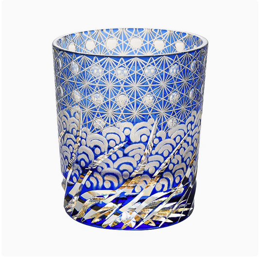 Rin Essense Edo Kiriko whisky glass in cobalt blue with intricate asanoha star and seigaiha wave cut patterns