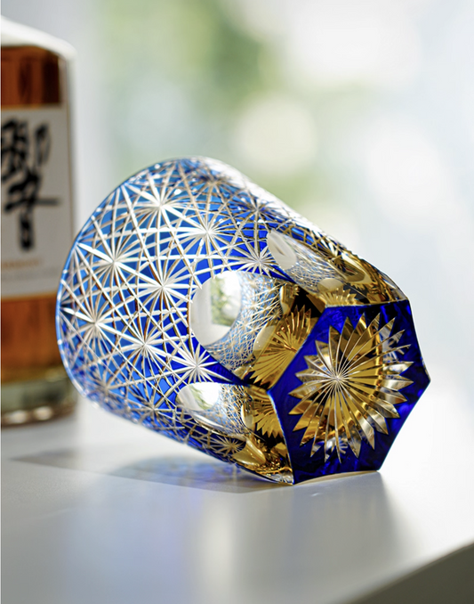 Rin Essense Edo Kiriko whisky glass cobalt blue with intricate starburst cut pattern and gold accents