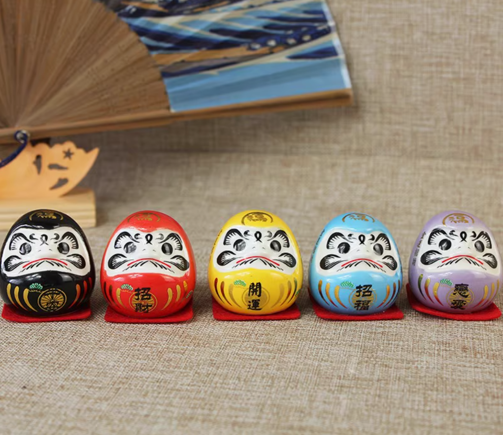 Rin Essense set of five hand painted daruma tumbling doll ornament in black red yellow blue and purple