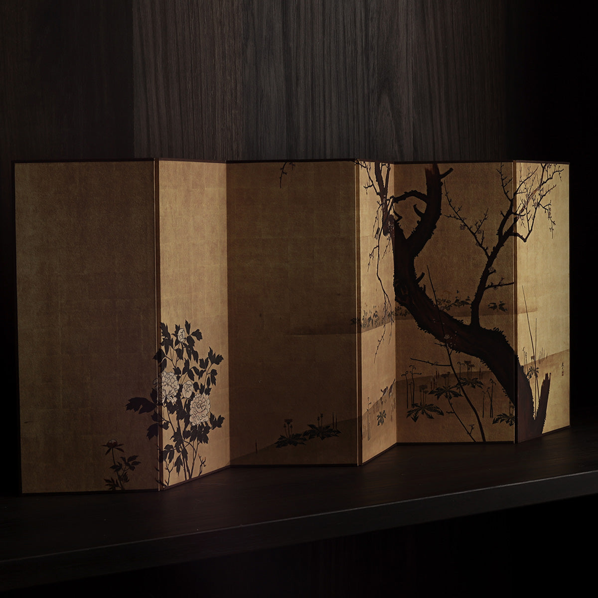 Rin Essense Japanese shoji folding screen gold leaf panels with painted tree and floral silhouette