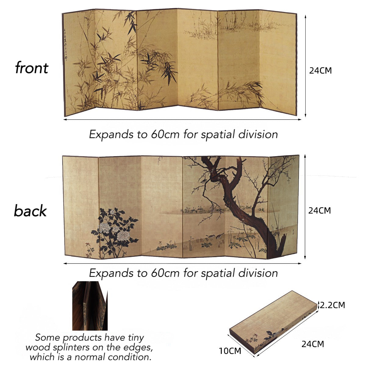 Rin Essense Japanese shoji folding screen tabletop gold panel divider with bamboo and tree artwork expands to 60cm