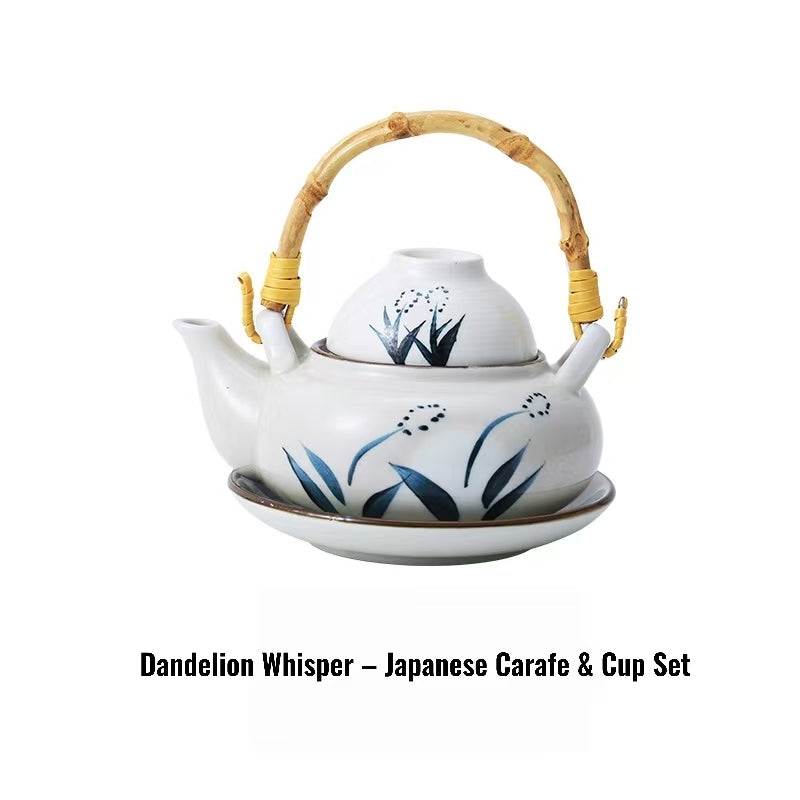 Kokoro ceramic tea set white Japanese carafe and cup with blue dandelion design and bamboo handle