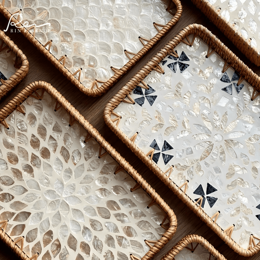Handcrafted decorative trays with intricate mother of pearl inlay and rattan edges for home decor