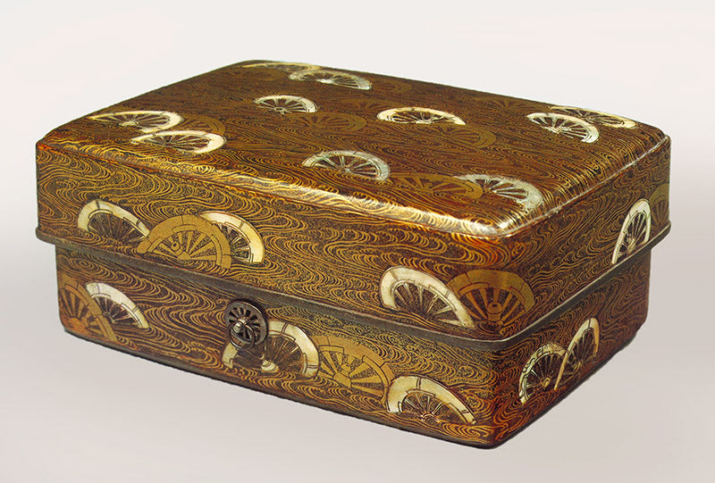 Traditional Japanese lacquerware box decorated with intricate gold fan motifs showcasing refined urushi craftsmanship