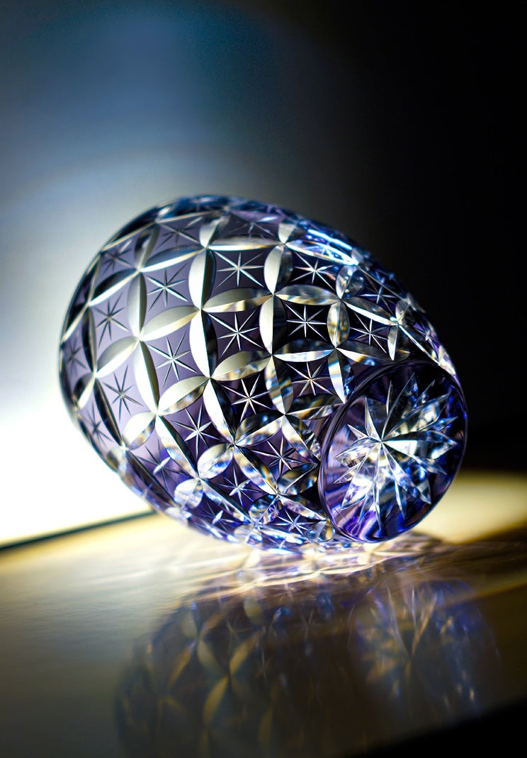 Rin Essense cut crystal whiskey glass with intricate star cut pattern and purple blue tint, elegant gift