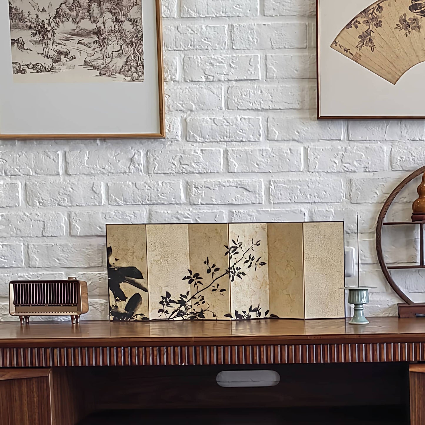 Japanese Modern Zen Folding Screen (Byōbu) | Double-Sided "Treetop Silhouette" Art | Minimalist Noir & Ivory Room Divider | Hand-Finished Desktop Décor for Home & Office - Rin Essense 