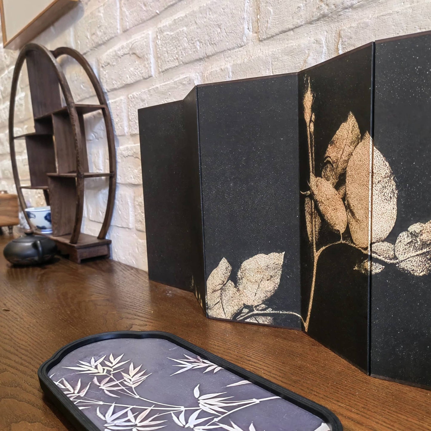 Japanese Modern Zen Folding Screen (Byōbu) | Double-Sided "Treetop Silhouette" Art | Minimalist Noir & Ivory Room Divider | Hand-Finished Desktop Décor for Home & Office - Rin Essense 
