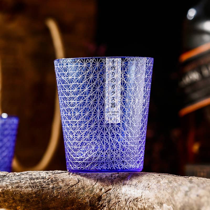 “Satsuma Blue” – Chrysanthemum Cut Sake & Whisky Glass Handcrafted Crystal Glass, 250 ml - Rin Essense 