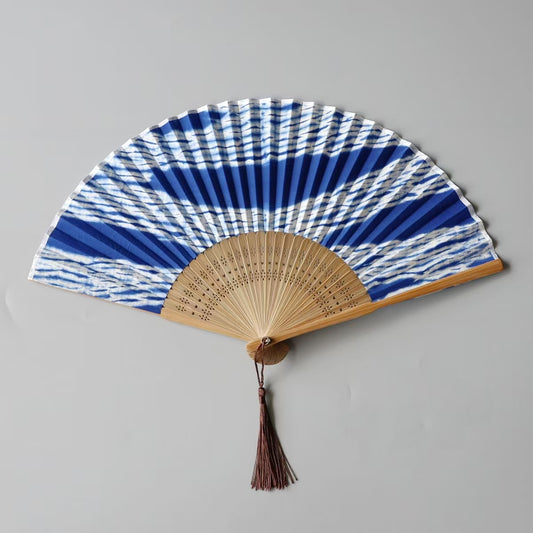 Handmade Indigo-Dyed Cotton Folding Fan with Sleeve.
