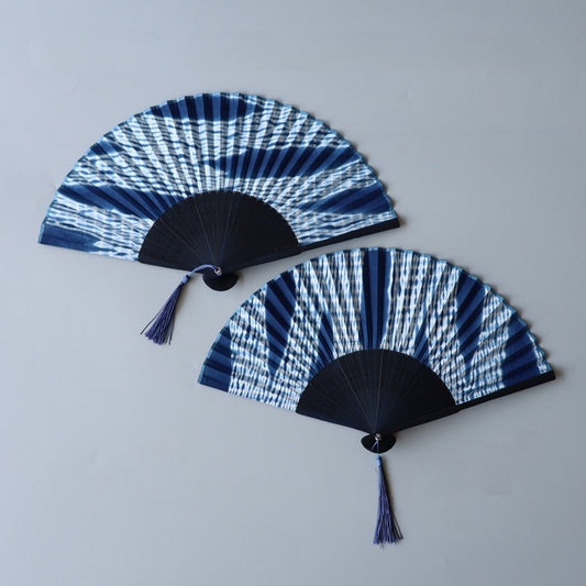Handmade Indigo-Dyed Cotton Folding Fan with Sleeve.