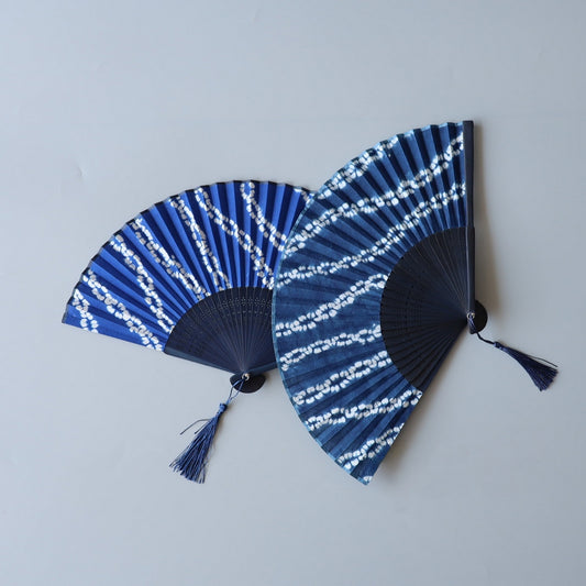 Handmade Indigo-Dyed Cotton Folding Fan with Sleeve.