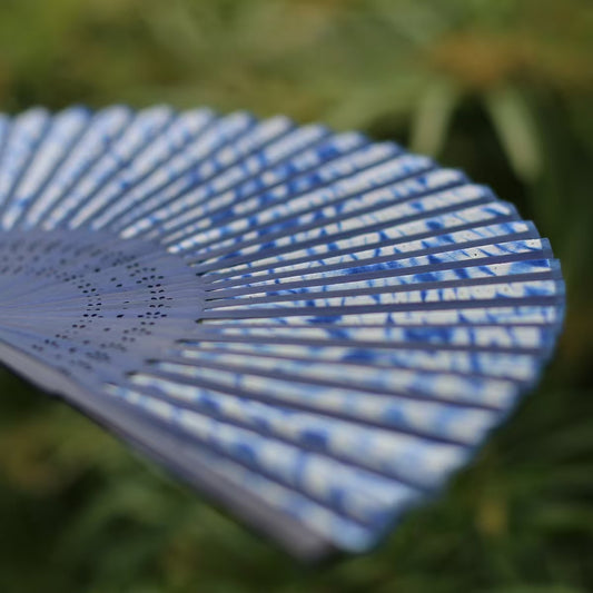 Handmade Indigo-Dyed Cotton Folding Fan with Sleeve.