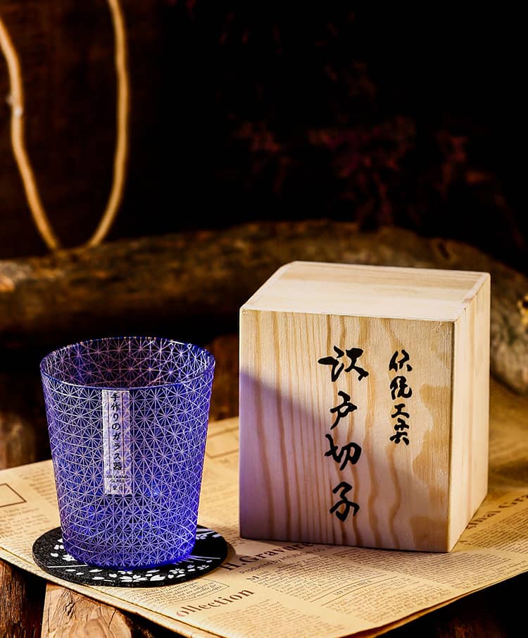 “Satsuma Blue” – Chrysanthemum Cut Sake & Whisky Glass Handcrafted Crystal Glass, 250 ml - Rin Essense 