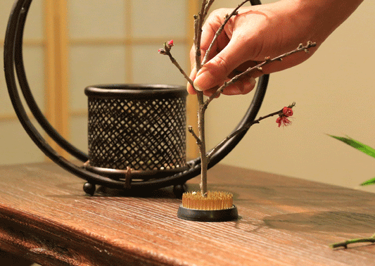 Rin Essense home décor with hand arranging artificial blossomed branch in floral frog holder on wooden surface