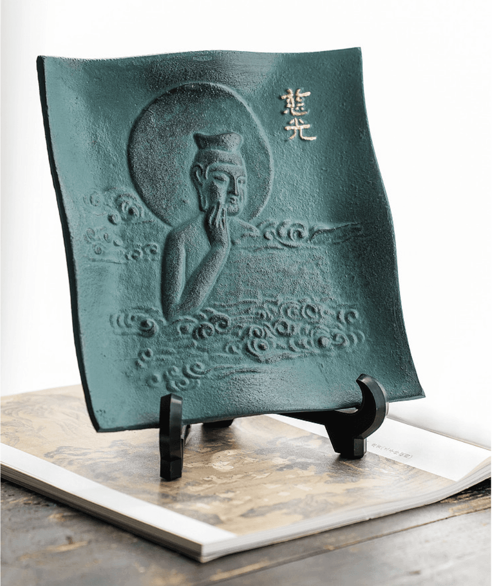 Japanese Handcrafted Takagawa Ironware Decorative Vessel Plate (Maitreya Bodhisattva) for Home Decor - Rin Essense 