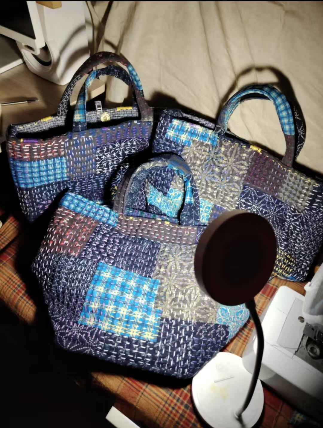 Large Sashiko Patchwork Tote Bag – Dark-Toned Mannui