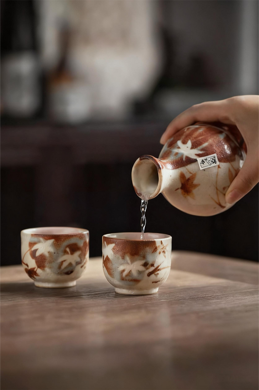 Momiji – Shino Ware Sake Set (2 Cups + 1 Tokkuri, Handcrafted in Japan) - Rin Essense 