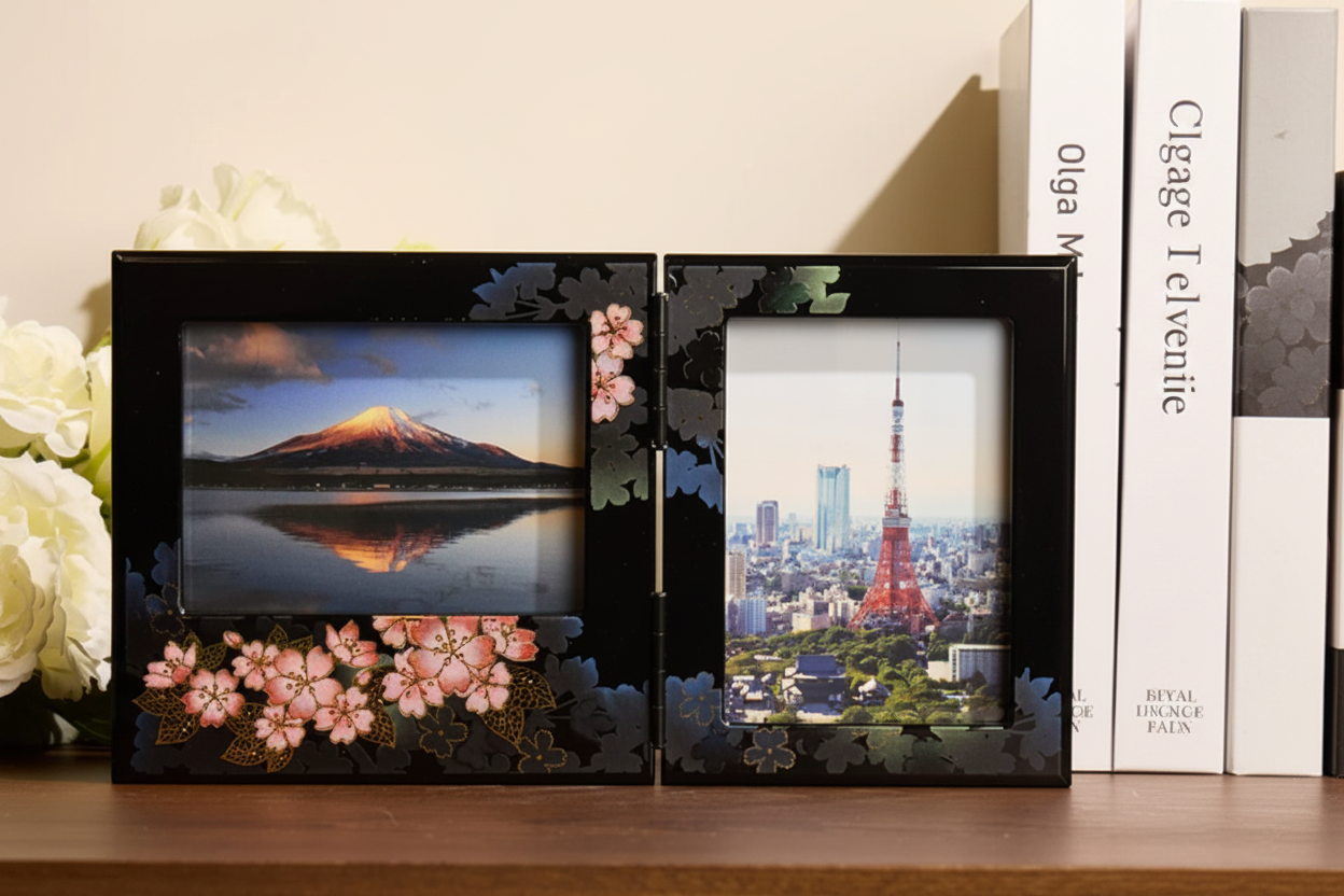 Authentic Japanese Yamanaka Maki-e Lacquer Photo Frame – Dual Orientation Decorative Resin Picture Frame | Handmade in Kaga, Japan | Elegant Tabletop Display