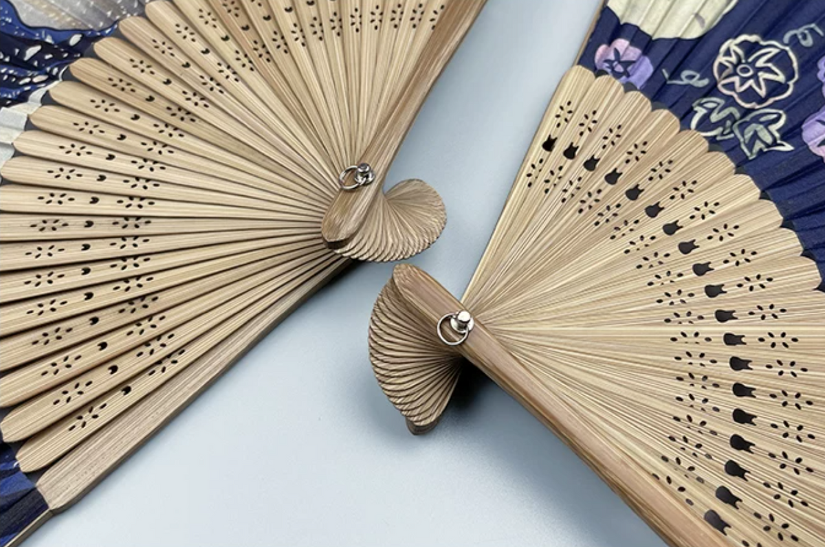 Japanese-Style Folding Fan — Japanese Cotton, Bamboo & Fuji / Wave Motifs