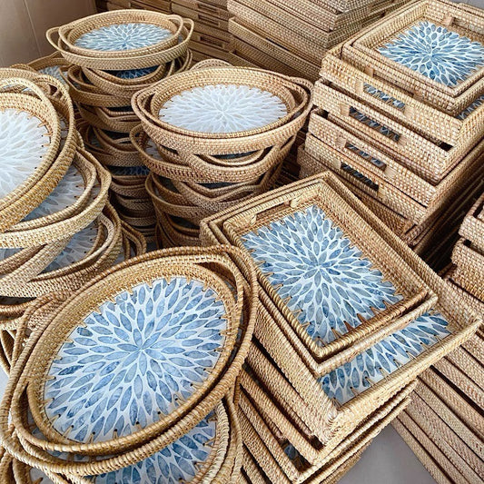 Tonkin Handwoven Rattan & Mother-of-Pearl Oval Tray