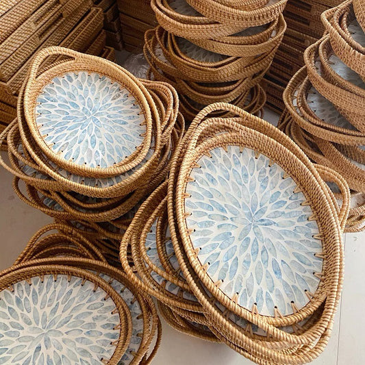 Tonkin Handwoven Rattan & Mother-of-Pearl Oval Tray