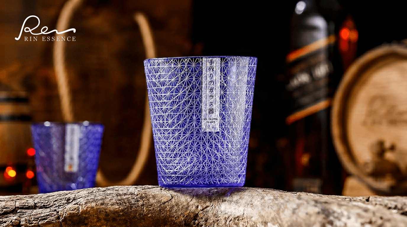 “Satsuma Blue” – Chrysanthemum Cut Sake & Whisky Glass Handcrafted Crystal Glass, 250 ml - Rin Essense 