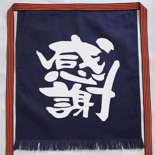 Rin Essense custom Japanese apron with pattern in navy blue featuring white kanji and striped edging
