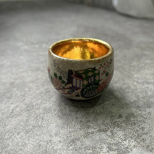 Japanese Kutani Ware Sake Set – Hand-Painted Gold Accent Cups (5-Piece).