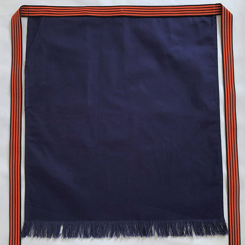Rin Essense workwear custom Japanese apron with pattern in navy blue featuring orange striped ties and fringed hem