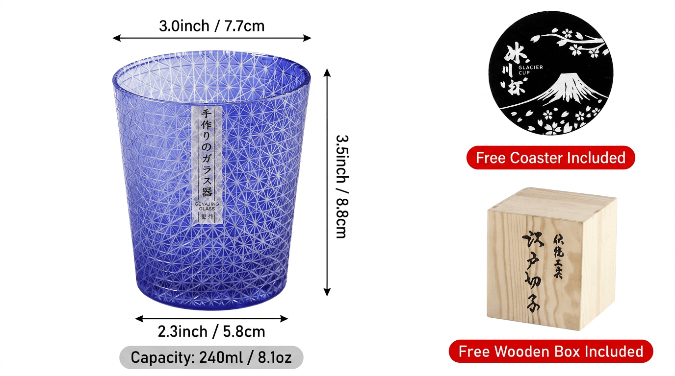 “Satsuma Blue” – Chrysanthemum Cut Sake & Whisky Glass Handcrafted Crystal Glass, 250 ml - Rin Essense 