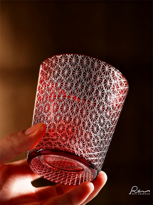 “Satsuma Red” – Chrysanthemum Cut Sake & Whisky Glass Handcrafted Crystal Glass, 250 ml