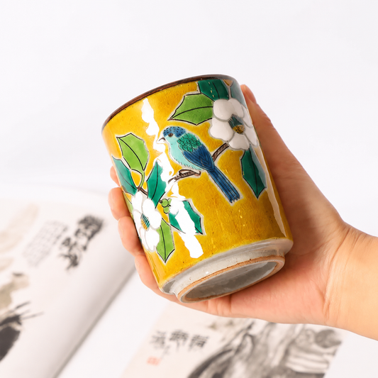 Japanese Kutani Ware Hand-Painted Ceramic Mug – Luxury Floral & Bird Tea Cup, 13 oz Artisan Porcelain, Elegant Gift