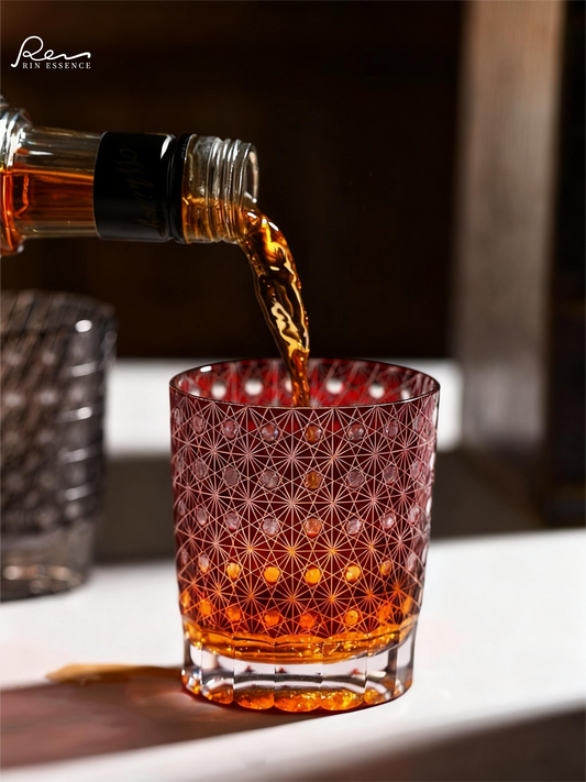 “Satsuma Red” – Chrysanthemum Cut Sake & Whisky Glass Handcrafted Crystal Glass, 250 ml