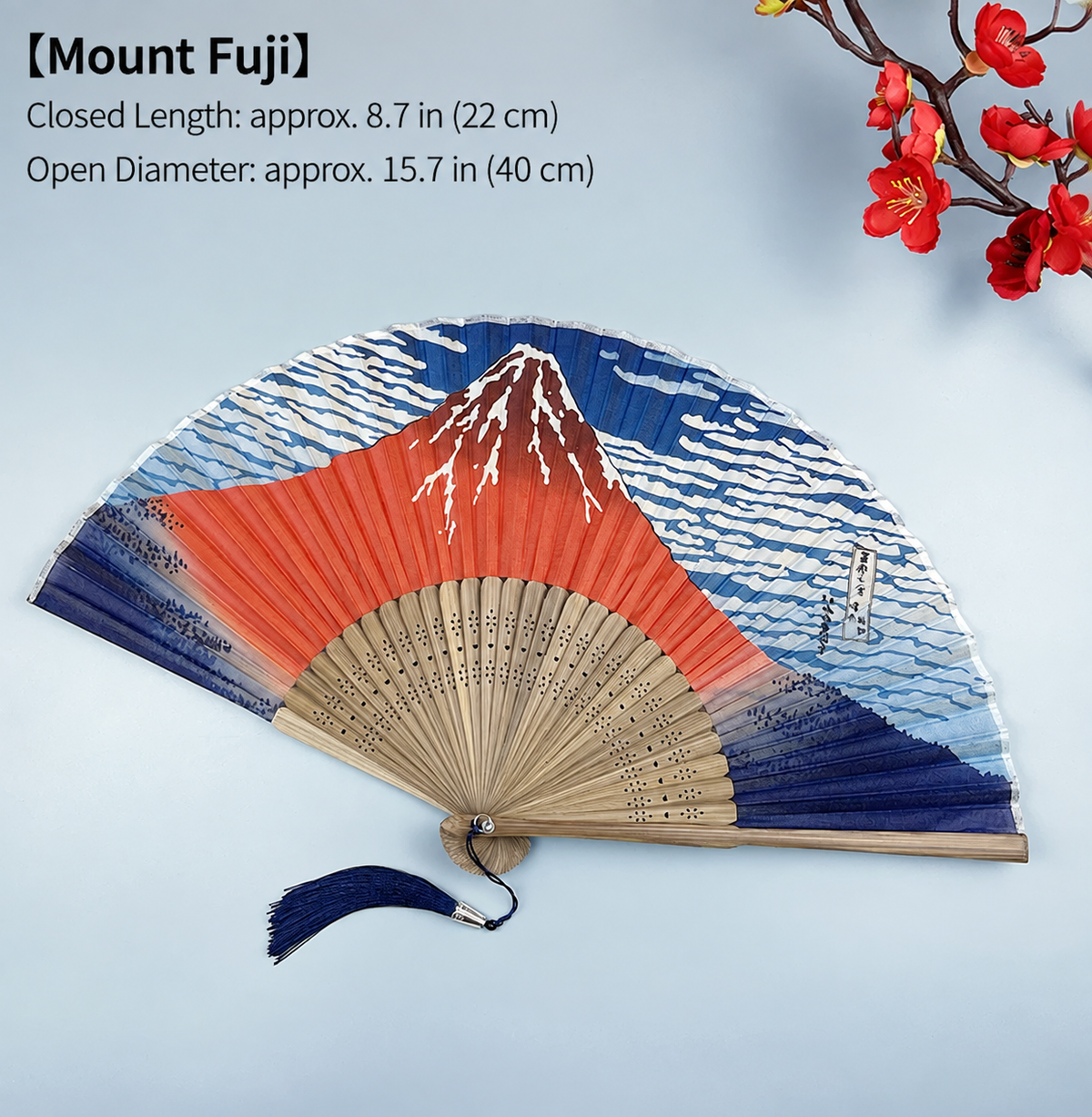 Japanese-Style Folding Fan — Japanese Cotton, Bamboo & Fuji / Wave Motifs