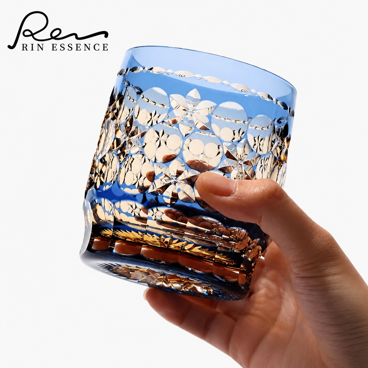 RIN ESSENCE Hand-Cut Crystal Whiskey Glass - Edo Kiriko Inspired Luxury Tumbler (330ml / 11.2 oz)