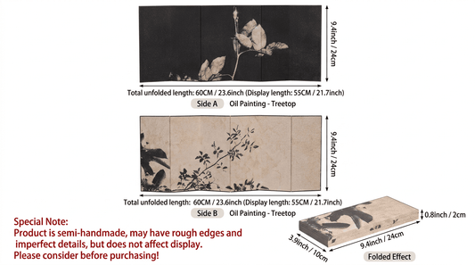 Japanese Modern Zen Folding Screen (Byōbu) | Double-Sided "Treetop Silhouette" Art | Minimalist Noir & Ivory Room Divider | Hand-Finished Desktop Décor for Home & Office - Rin Essense 