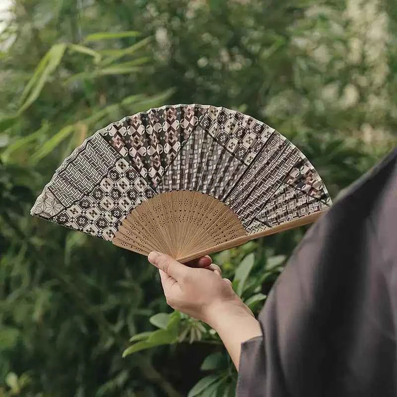 Japanese-Inspired Folding Fan — Hakone Yosegi Pattern, Bamboo & Textile