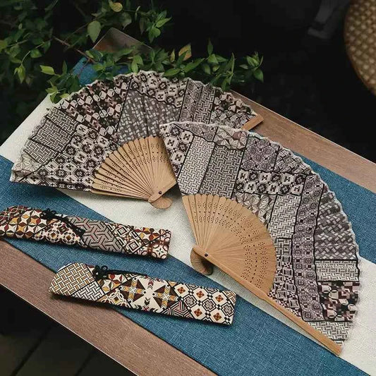Japanese-Inspired Folding Fan — Hakone Yosegi Pattern, Bamboo & Textile