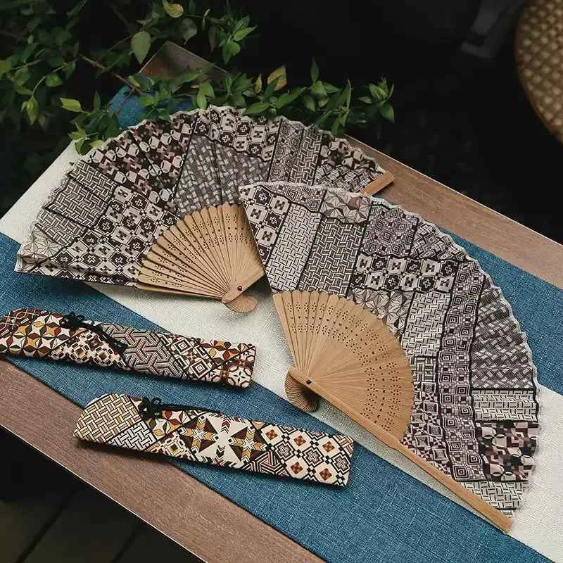 Japanese-Inspired Folding Fan — Hakone Yosegi Pattern, Bamboo & Textile