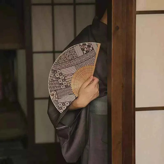 Japanese-Inspired Folding Fan — Hakone Yosegi Pattern, Bamboo & Textile