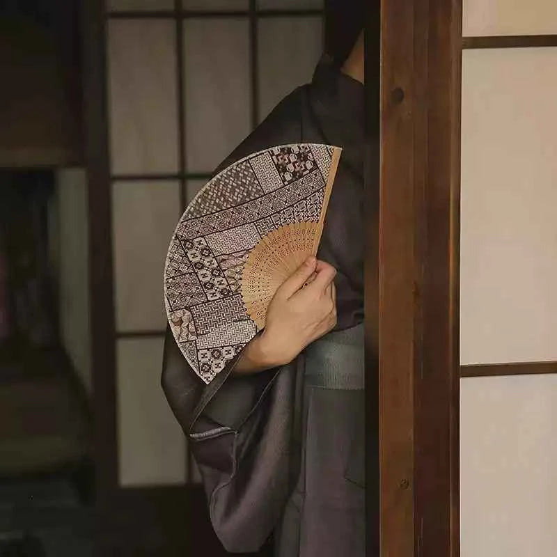 Japanese-Inspired Folding Fan — Hakone Yosegi Pattern, Bamboo & Textile