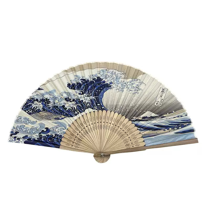 Japanese-Style Folding Fan — Japanese Cotton, Bamboo & Fuji / Wave Motifs