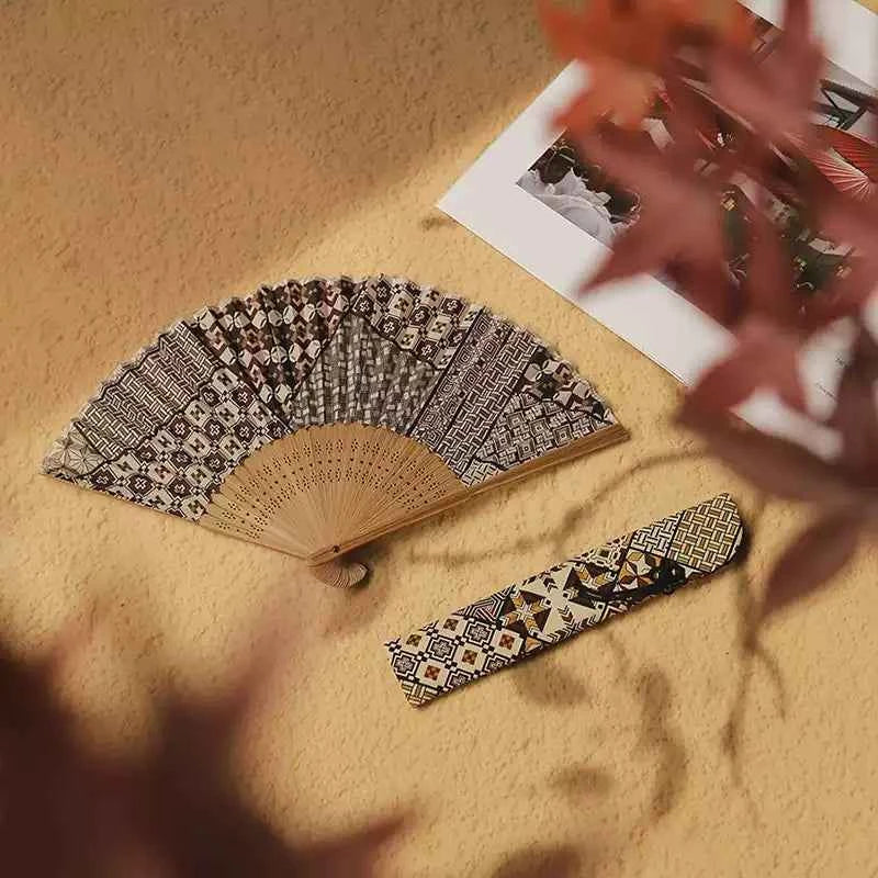 Japanese-Inspired Folding Fan — Hakone Yosegi Pattern, Bamboo & Textile